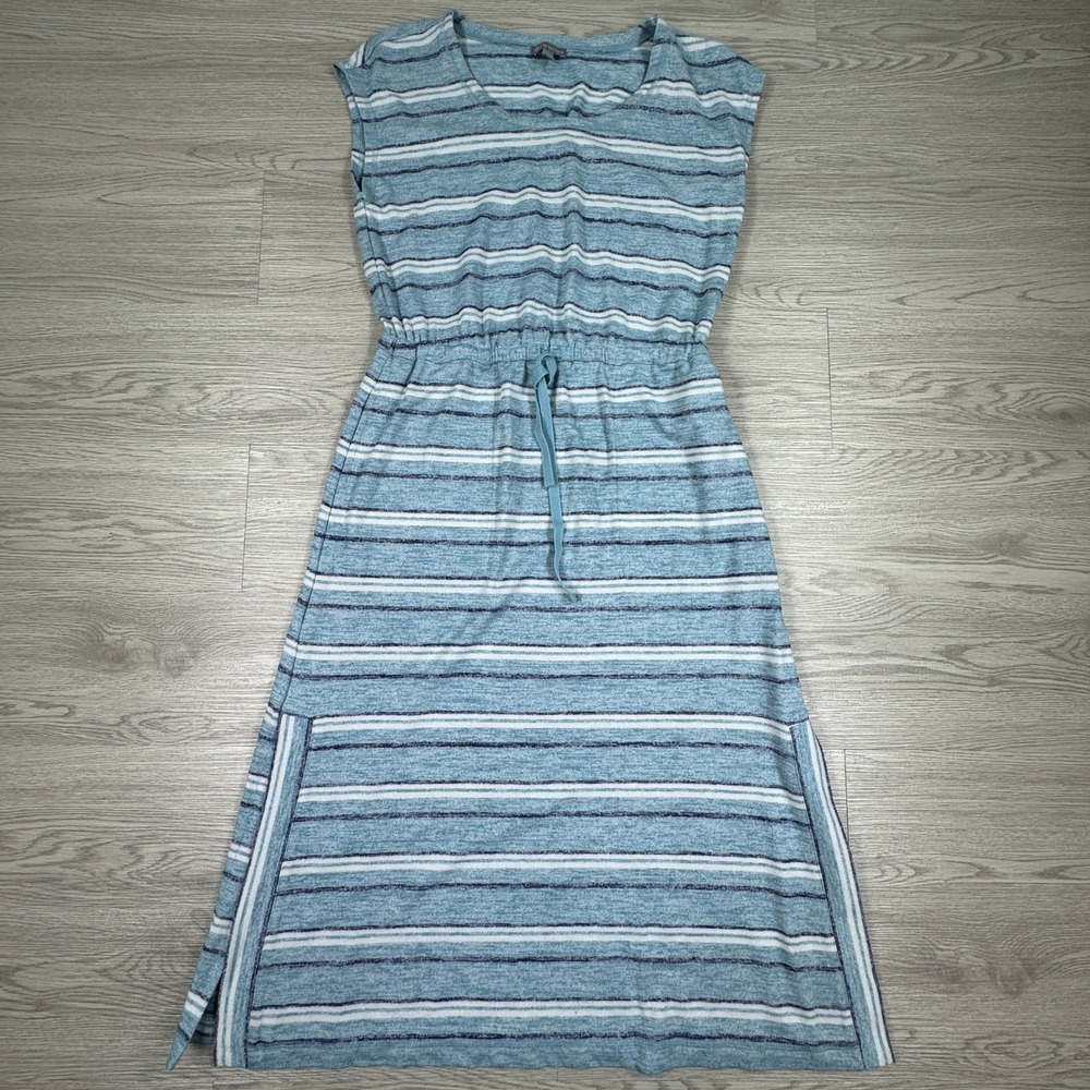 T‎ by Talbots Women Dress XS Blue Striped Drawstring Waist Sleeveless Midi Slit